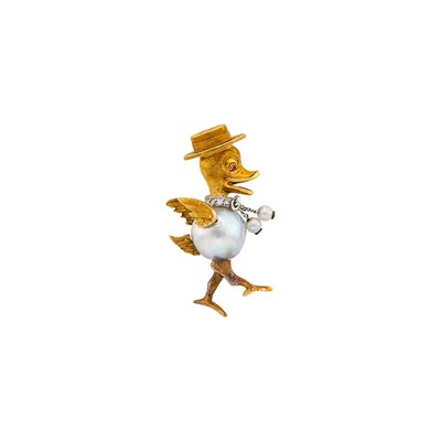 Lot 109 - Two-Color Gold, Semi-Baroque Cultured Pearl and Diamond Duck Pin