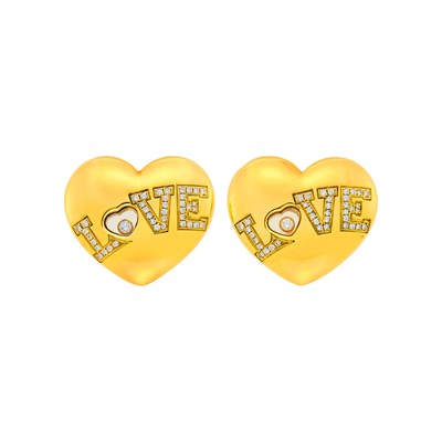 Lot Chopard Pair of Gold and Diamond 'Happy Diamonds' Heart Love Earrings