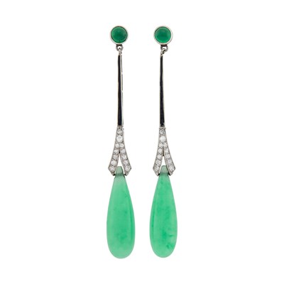 Lot 119 - Pair of Platinum, Jade, Green Onyx, Black Enamel and Diamond Pendant-Earrings