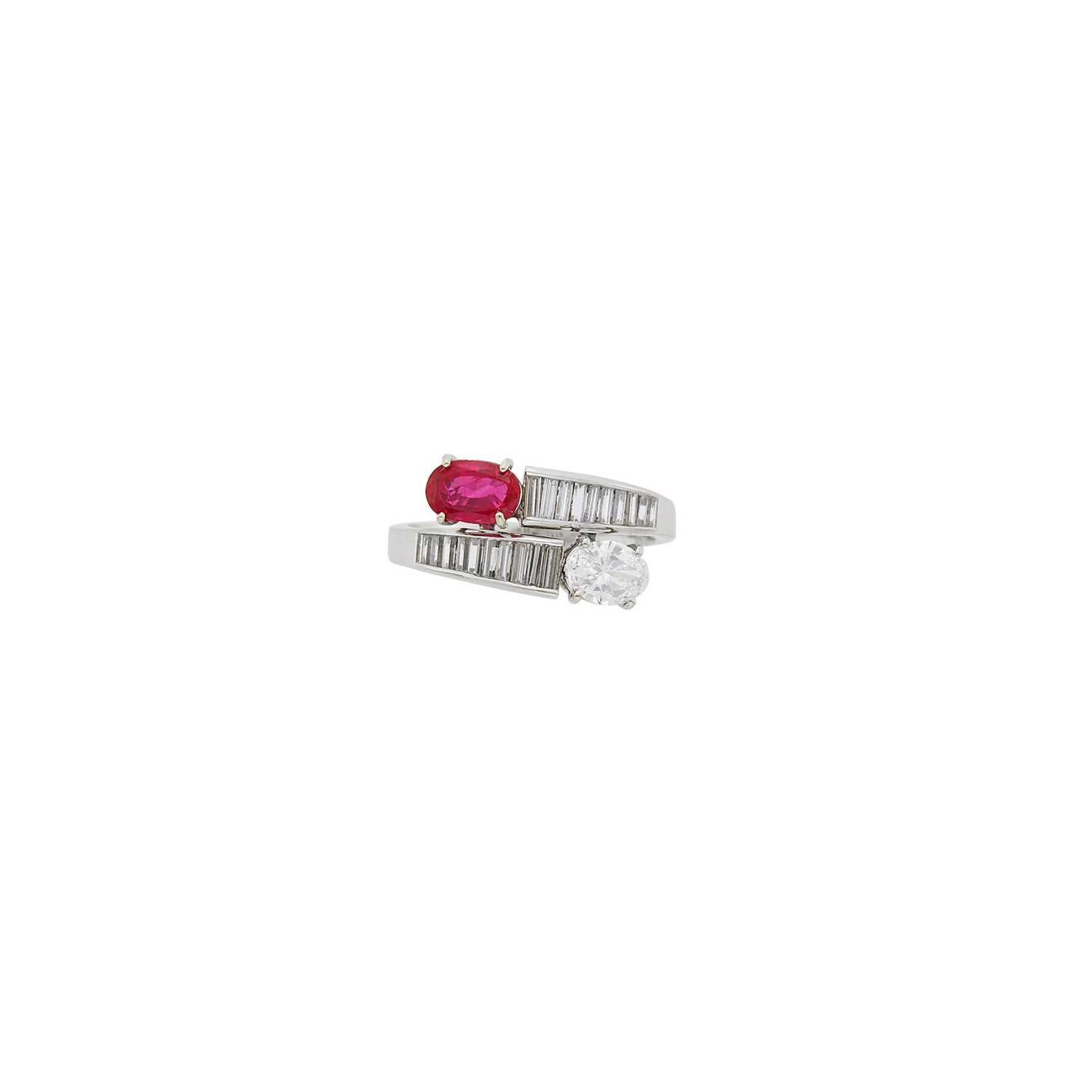 Lot 119 - White Gold, Ruby and Diamond Crossover Ring