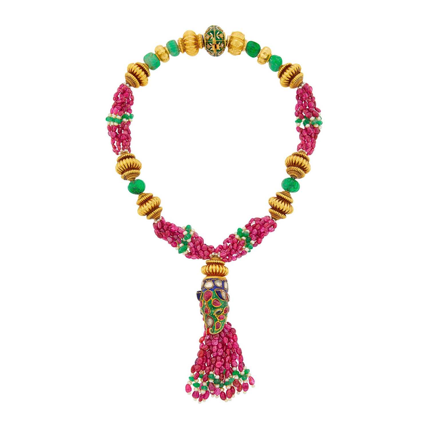 Lot 141 - Indian High Karat Gold, Silver, Ruby and Fluted Emerald Bead, Gem-Set, Seed Pearl and Enamel Dragon Sautoir Necklace