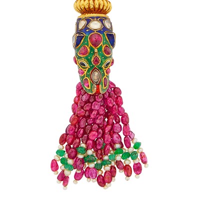 Lot 141 - Indian High Karat Gold, Silver, Ruby and Fluted Emerald Bead, Gem-Set, Seed Pearl and Enamel Dragon Sautoir Necklace