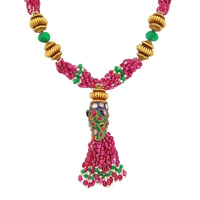 Lot 141 - Indian High Karat Gold, Silver, Ruby and Fluted Emerald Bead, Gem-Set, Seed Pearl and Enamel Dragon Sautoir Necklace