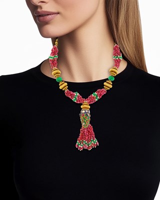 Lot 141 - Indian High Karat Gold, Silver, Ruby and Fluted Emerald Bead, Gem-Set, Seed Pearl and Enamel Dragon Sautoir Necklace