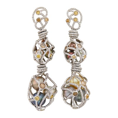 Lot 47 - Pair of White Gold, Multicolored Cultured Pearl, Colored Diamond and Diamond Cage Pendant-Earclips