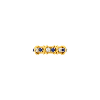 Lot 70 - Tiffany & Co., Schlumberger Gold, Diamond and Sapphire 'Sixteen Stone' Band Ring