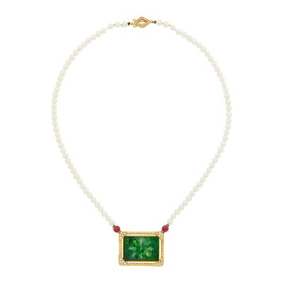 Lot 1166 - Gold, Cultured Pearl, Carved Jade, Cabochon Ruby and Diamond Pendant-Necklace