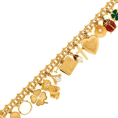 Lot 1173 - Gold, Enamel and Cultured Pearl Charm Bracelet