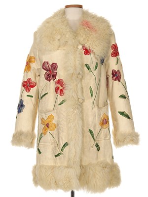 Lot 562 - Cream Suede & Multicolor Floral Embroidery Shearling Coat