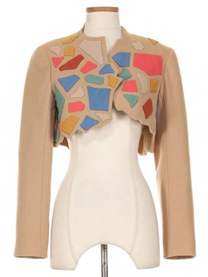 Lot 119 - Christian Fancis Roth Tan Wool Flannel Multicolor Mosaic Cropped Jacket