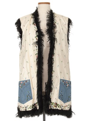 Lot 29 - Christian Dior Creme Silk Floral Embroidered, Denim and Mouton Lamb Fur Trim Vest