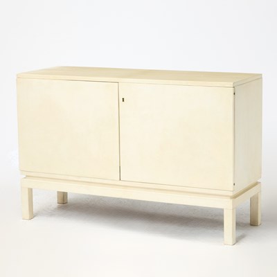 Lot 183 - Mid-Century Two-Door Parchment Wrapped Mahogany Sideboard