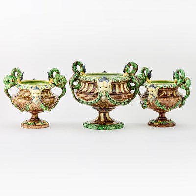 Lot 217 - Three Palissy Style Majolica Two-Handles Jardinières Attributed to Thomas Sergent