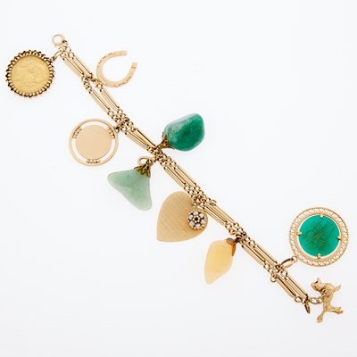 Lot 3189 - Gold, Metal, Aventurine and Green Quartz Charm Bracelet with Loose Charm