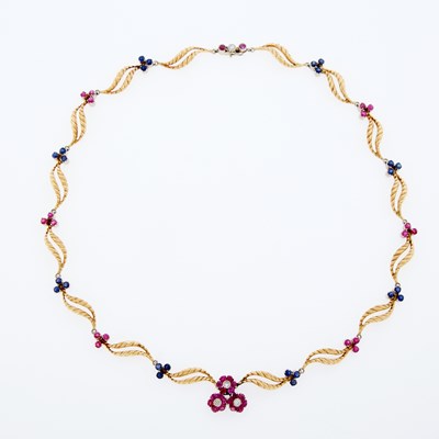 Lot 3047 - Spritzer & Fuhrmann Two-Color Gold, Ruby, Sapphire and Diamond Necklace