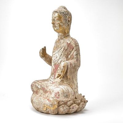 Lot 113 - A Chinese Polychromed and gGilt Lacquered Stone Buddhist Sculpture