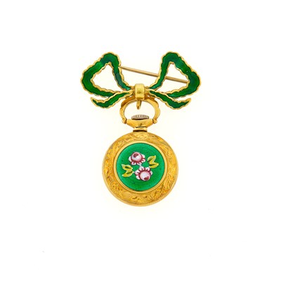 Lot 3157 - Gold and Green Enamel Bow Pin with Gilt-Metal Pendant-Watch
