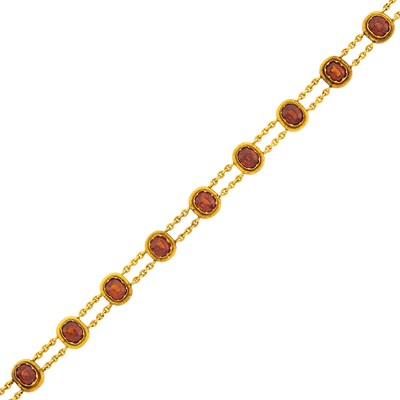 Lot 1130 - Antique Double Strand Gold and Orange Garnet Chain Bracelet