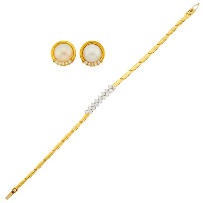 Lot 1244 - Pair of Gold, Mabé Pearl and Diamond Earclips and Two-Color Gold and Diamond Bracelet