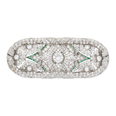 Lot 133 - Platinum, Diamond and Simulated Emerald Brooch