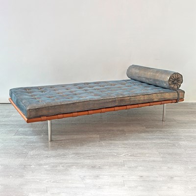 Lot 1114 - Walnut Upholstered and Chromed Metal "Barcelona" Style Daybed