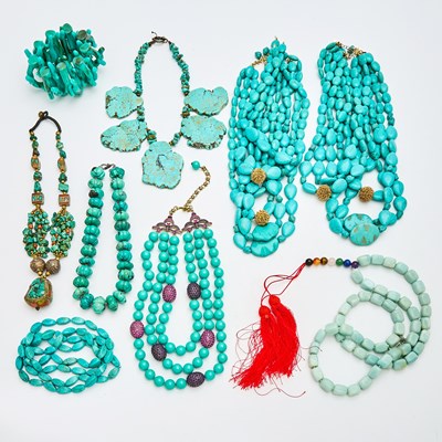 Lot 624 - Group of Turquoise and Faux Turquoise Costume Necklaces.