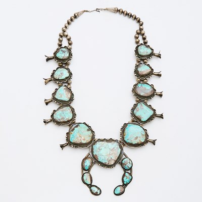 Lot 107 - Navajo Silver and Turquoise Squash Blossom Necklace