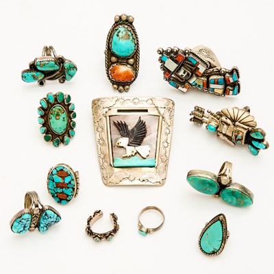 Lot 105 - Group of Native American Silver and Turquoise Rings