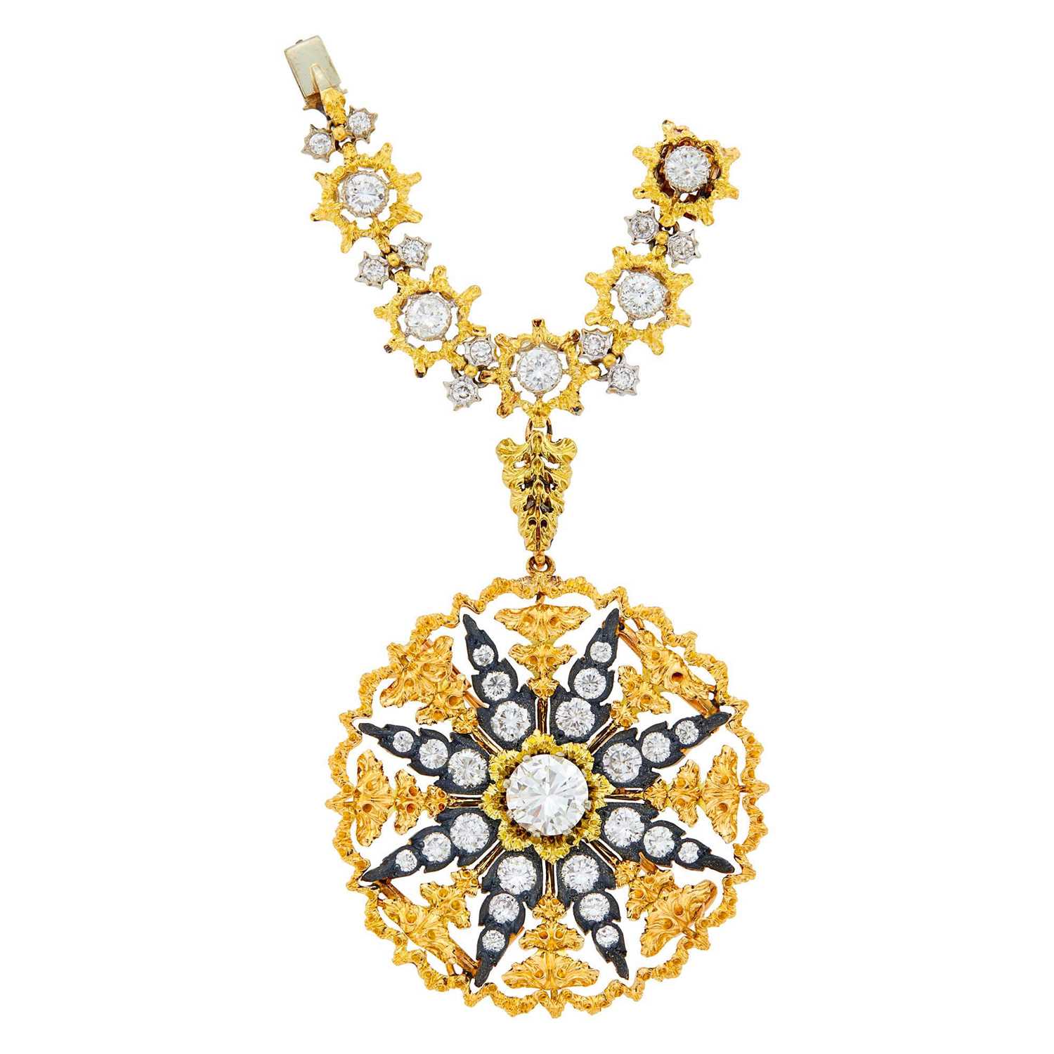 Lot 114 - Buccellati Two-Color Gold, Blackened Silver and Diamond Brooch with Chain Attachment