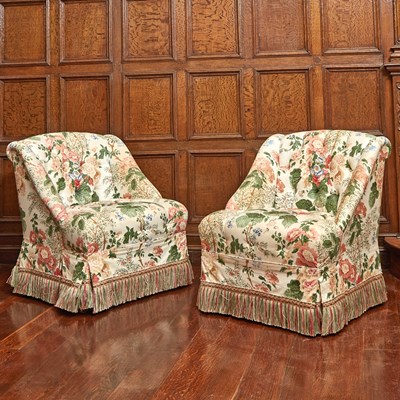 Lot 518 - Pair of Floral Upholstered Tufted Club Chairs