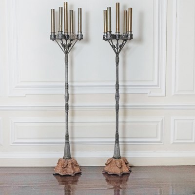 Lot 521 - Pair of Gothic Style Patinated Bronze and Sienna Marble Five-Light Torcheres