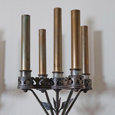 Lot 521 - Pair of Gothic Style Patinated Bronze and Sienna Marble Five-Light Torcheres