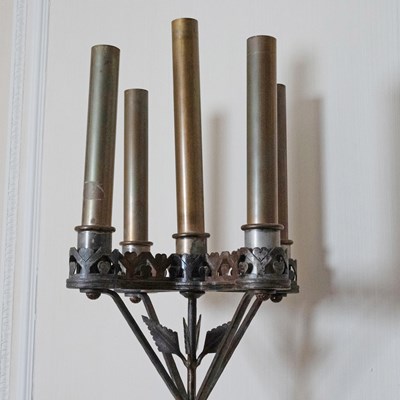 Lot 521 - Pair of Gothic Style Patinated Bronze and Sienna Marble Five-Light Torcheres