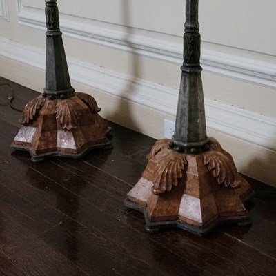 Lot 521 - Pair of Gothic Style Patinated Bronze and Sienna Marble Five-Light Torcheres