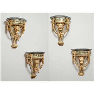 Lot 525 - Set of Four Continental Neoclassical Painted and Parcel-Gilt Wall Brackets