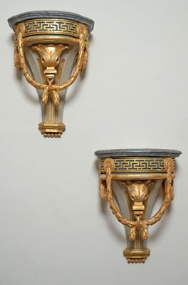 Lot 525 - Set of Four Continental Neoclassical Painted and Parcel-Gilt Wall Brackets