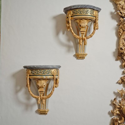Lot 525 - Set of Four Continental Neoclassical Painted and Parcel-Gilt Wall Brackets