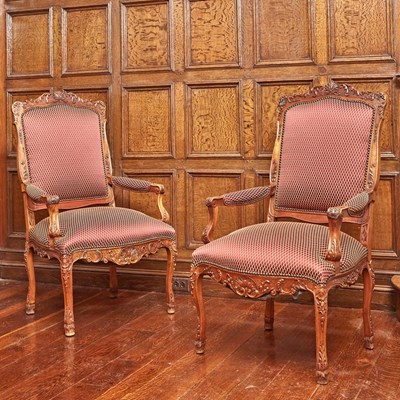 Lot 528 - Pair of Regence Style Walnut Fauteuils