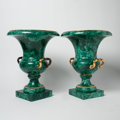 Lot 530 - Pair of Continental Neoclassical Malachite and Gilt Metal Urns