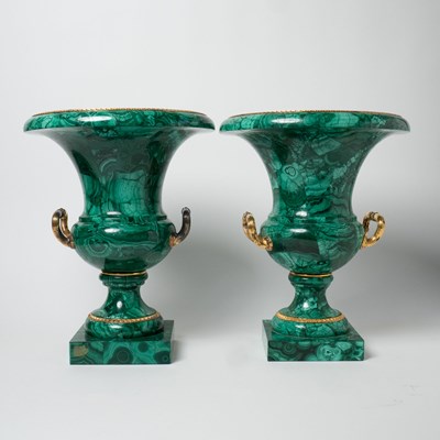 Lot 530 - Pair of Continental Neoclassical Malachite and Gilt Metal Urns