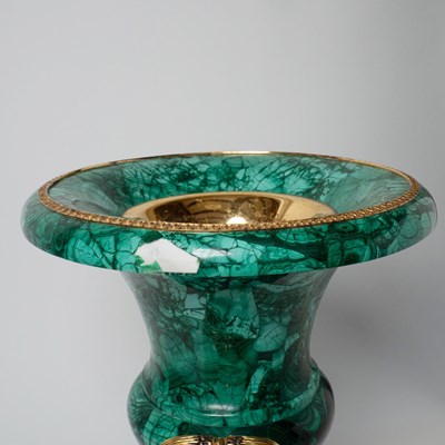 Lot 530 - Pair of Continental Neoclassical Malachite and Gilt Metal Urns