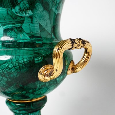 Lot 530 - Pair of Continental Neoclassical Malachite and Gilt Metal Urns