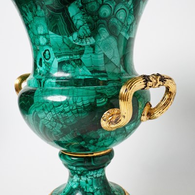 Lot 530 - Pair of Continental Neoclassical Malachite and Gilt Metal Urns