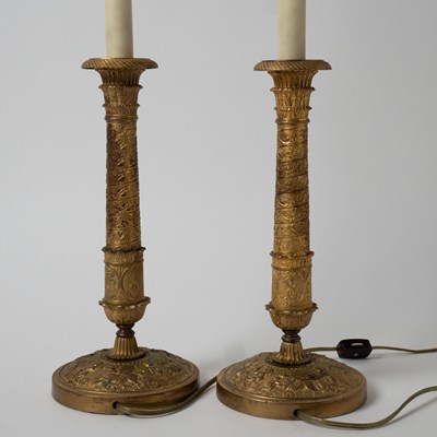 Lot 532 - Pair of Empire Gilt-Bronze Candlesticks made into Lamps