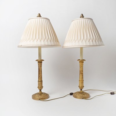 Lot 532 - Pair of Empire Gilt-Bronze Candlesticks made into Lamps