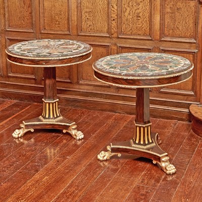 Lot 536 - Pair of Regency Style Rosewood Grain Painted and Parcel Gilt Italian Specimen Marble Top Tables