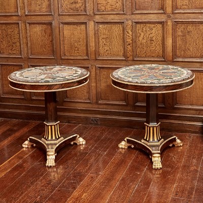 Lot 536 - Pair of Regency Style Rosewood Grain Painted and Parcel Gilt Italian Specimen Marble Top Tables