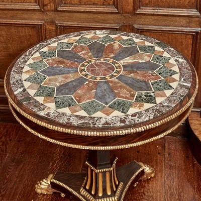 Lot 536 - Pair of Regency Style Rosewood Grain Painted and Parcel Gilt Italian Specimen Marble Top Tables