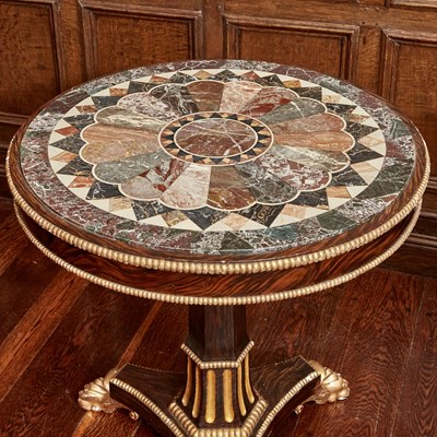 Lot 536 - Pair of Regency Style Rosewood Grain Painted and Parcel Gilt Italian Specimen Marble Top Tables