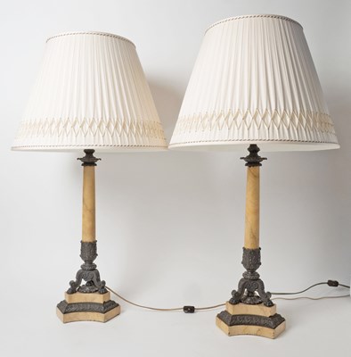 Lot 537 - Pair of Restauration Patinated Bronze and Siena Marble Candlesticks Mounted as Lamps